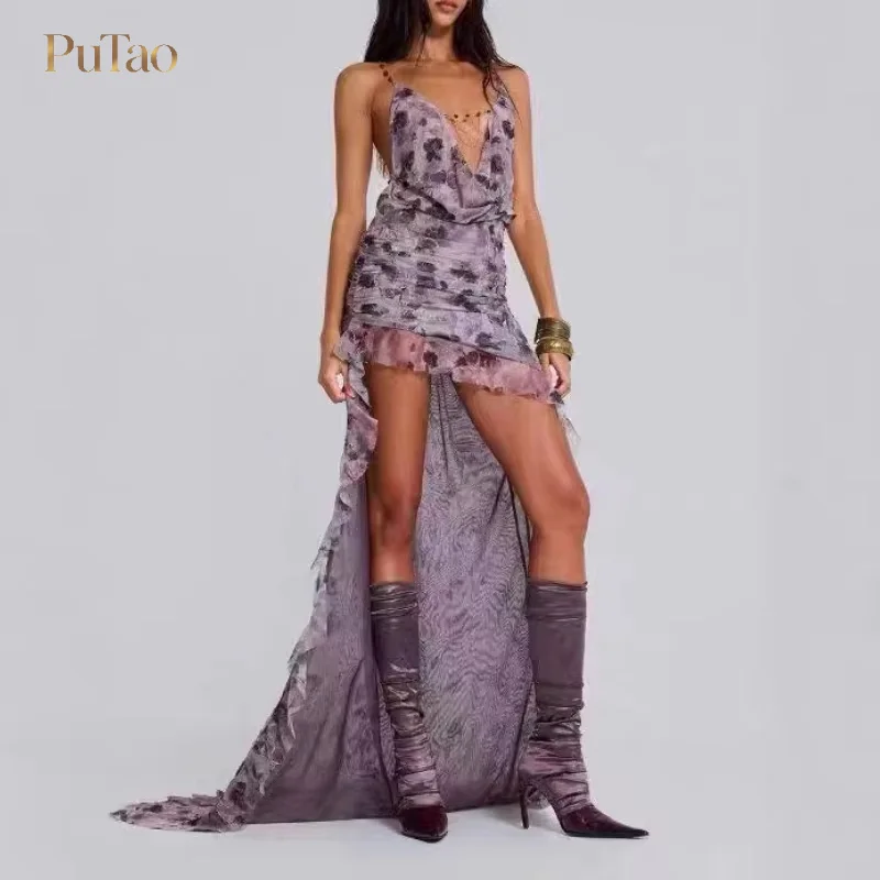 PuTao Dusty Purple Floral Print High Low Maxi Dress Spaghetti Strap Cowl Neck Ruched Ruffle Hem Sheer Mesh Train Gown Women Club