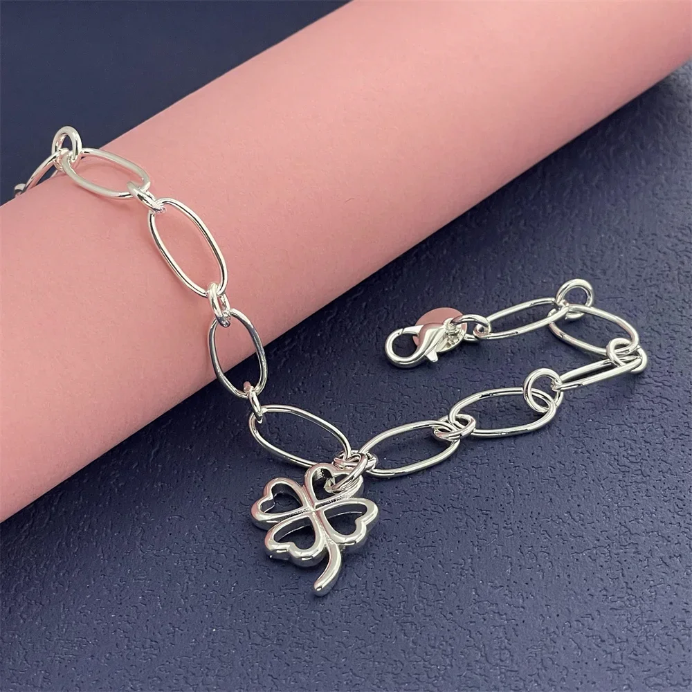 

Браслет-подвеска из стерлингового серебра 925 пробы с четырьмя лепестками клевера, милые, модные, простые и универсальные украшения