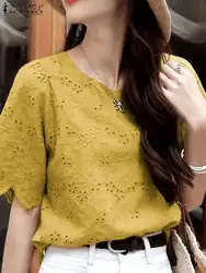 ZANZEA Summer Korean Fashion Blusas Elegant Women Short Sleeve Solid Blouses Lace Patchwork Hollow Out Embroidery Shirts Tops