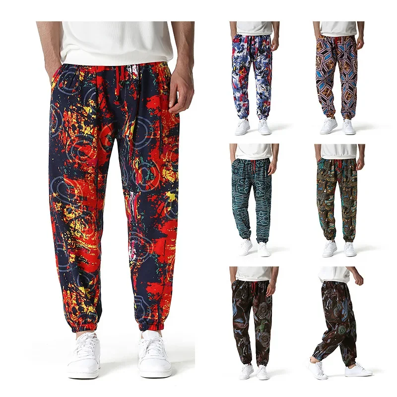 New Men's Fashion All Cotton Linen Printed Small Foot Pants Comfortable Casual Bloomers Casual Pants