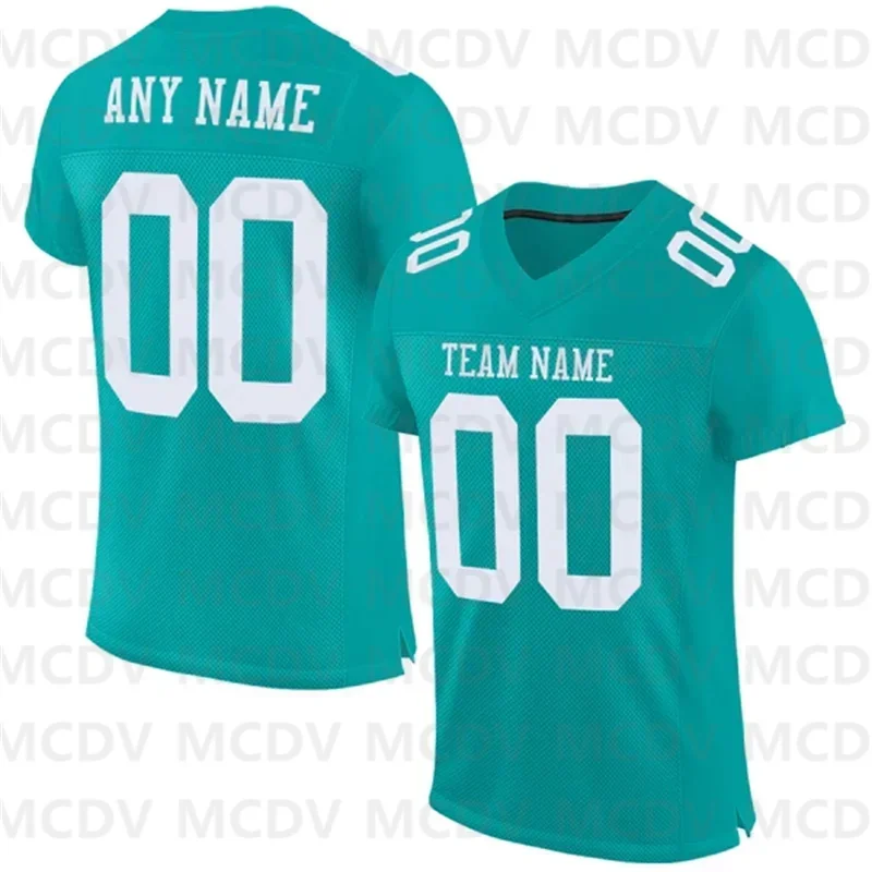 Custom Aqua White Mesh Authentic Football Jersey  Short Sleeves Athletic Tee Shirts Unisex Top streetwear