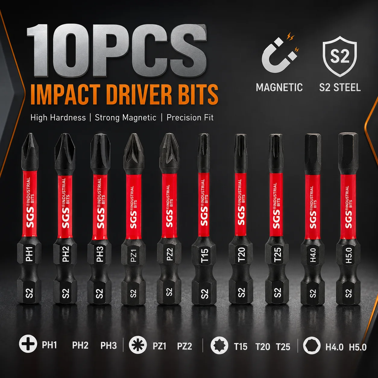 10-Piece Ph/Pz/T/H Multifunctional Bit Set, S2 Steel Impact-Resistant Screwdriver Bits, Magnetic Black Phosphating Tips, Non-Slip Hex Shank, Universal Screwdriver Tool Accessories