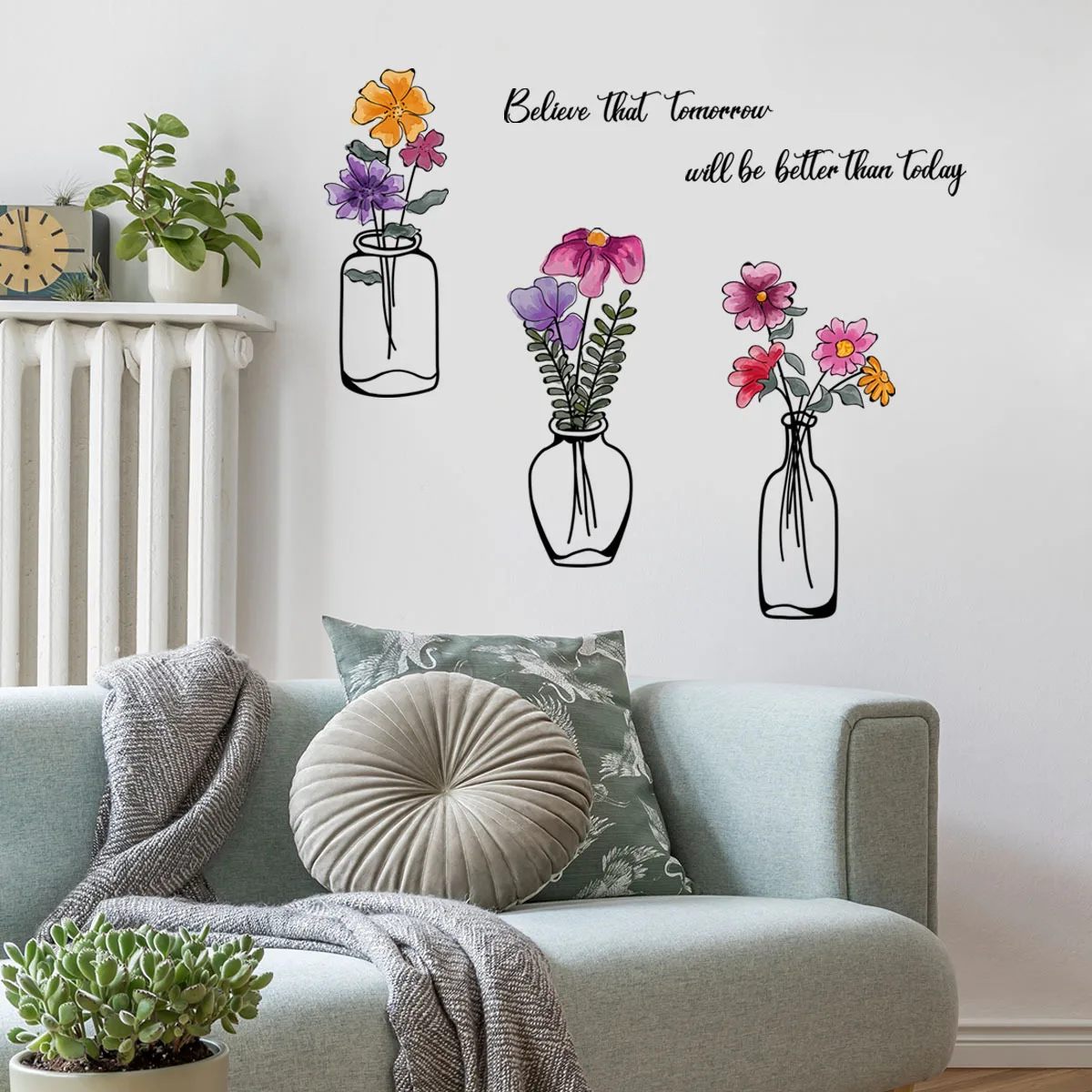 30*90cm Plant Flower Vase English Wall Sticker Living Room Bedroom Background Wall Decorative Wall Sticker Wallpapers Ms6312
