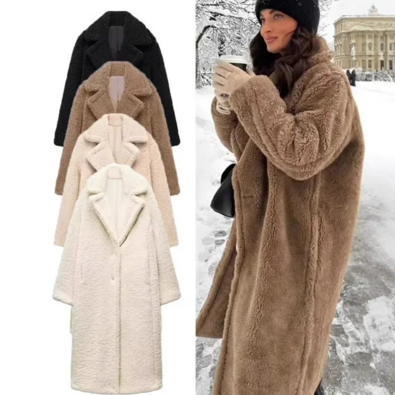A Cross-border Women's Clothing Bestseller Long Double-breasted Sheepskin Coat with A European American Style for Winter Warmth