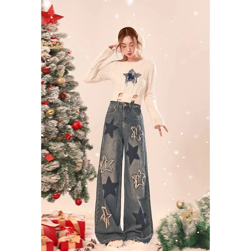 

Grunge Vintage High Waist Straight Jeans Wide Leg Grunge Stars Print Pants Women's Casual Baggy Y2K High Street Denim Trouser