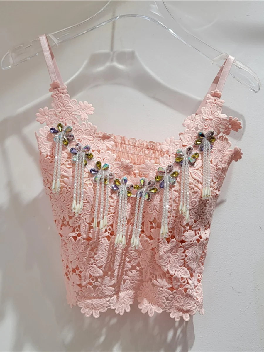 Sweet Kawaii Lolita Lace Pink Camisole Women Spring Summer New Heavy Industry Beads Flowers Slim Fit Inner Wear Outer Vest Tops