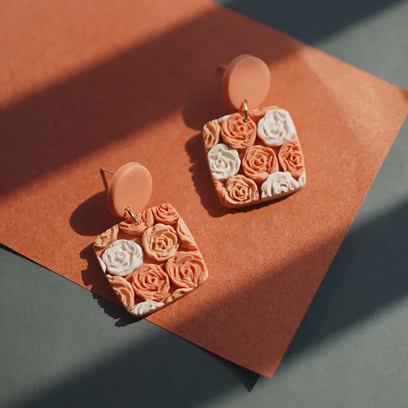 Multi Shapes Shades Colors Molded Stamping Roses Floral Patton Metal Polymer Clay Vintage Elegant Earrings Jewelry Stud Sets