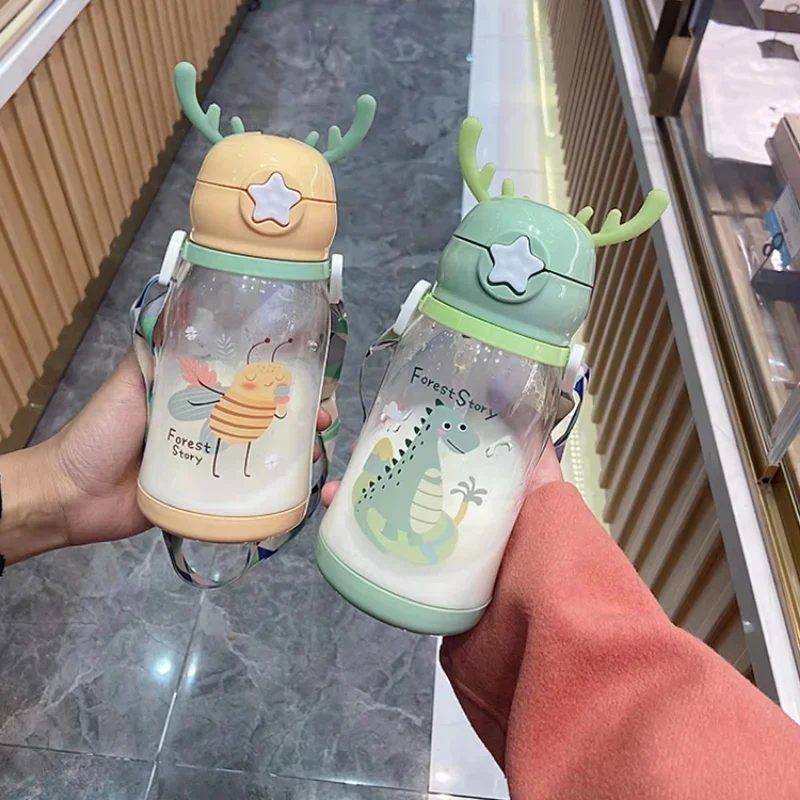 500ml Deer Horn Children Water Bottle Cartoon Large Capacity Plastic Straw Cup School Student Kawaii Girl Kids Water Bottle