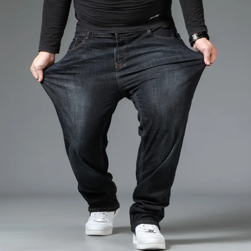 Men's Large Plus Size Baggy Jeans Elastic Band 10XL Oversize High Waist Loose Pant Husband Fat Loose Black Male Denim Trouser