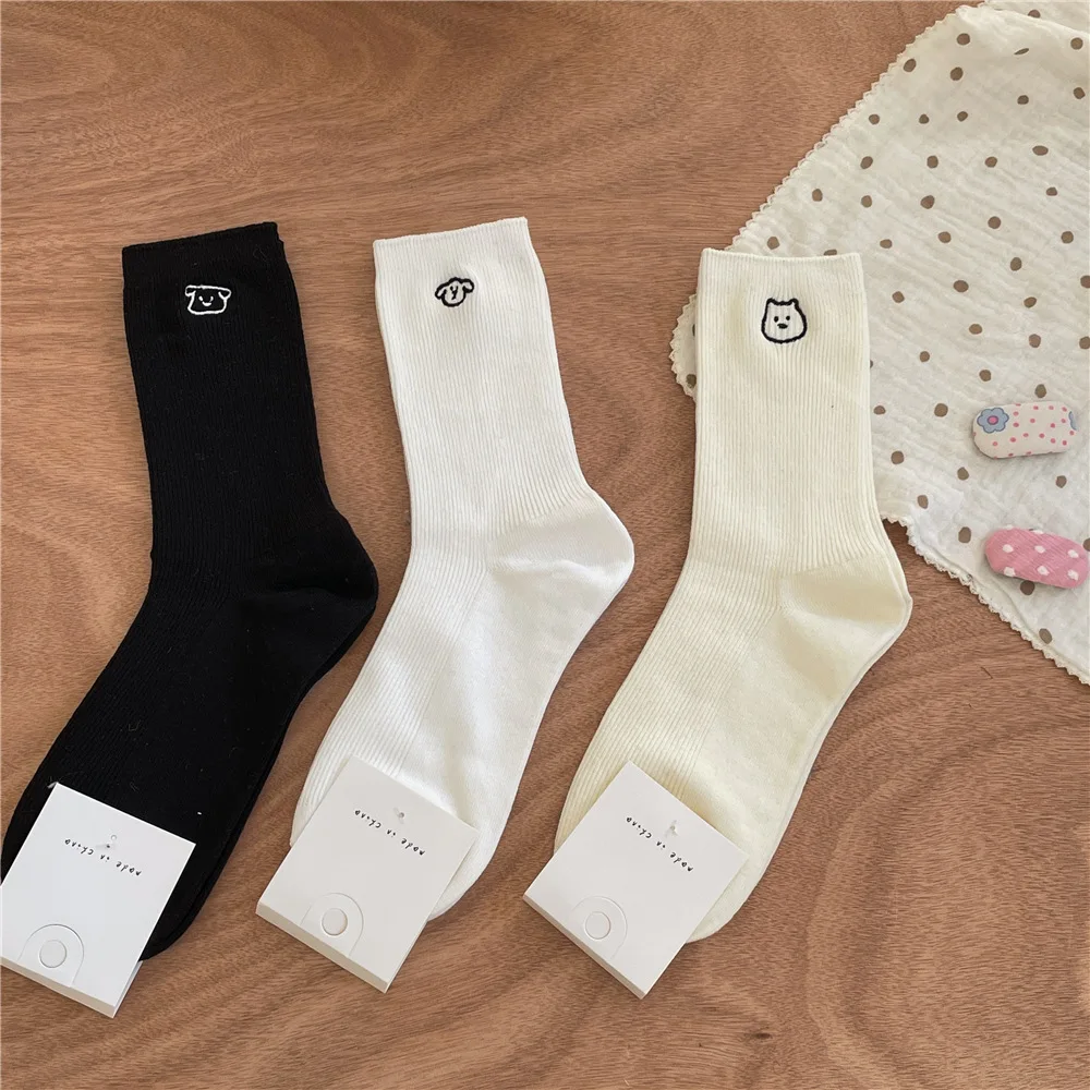 

Simple Embroidered Dog Cotton Socks Women's Double Needle Comfortable Mid Tube Socks College Thin Girl Daily Socks