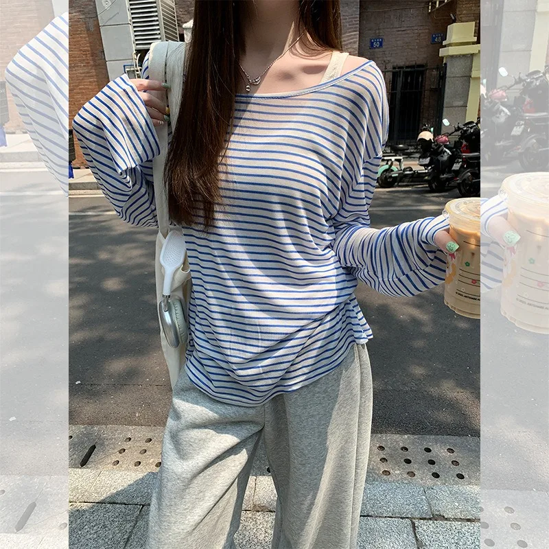 

Thin Perspective Long Sleeved T-shirt for Women's Summer Loose Casual Korean Base Sun Protection Cover Up Top for Women