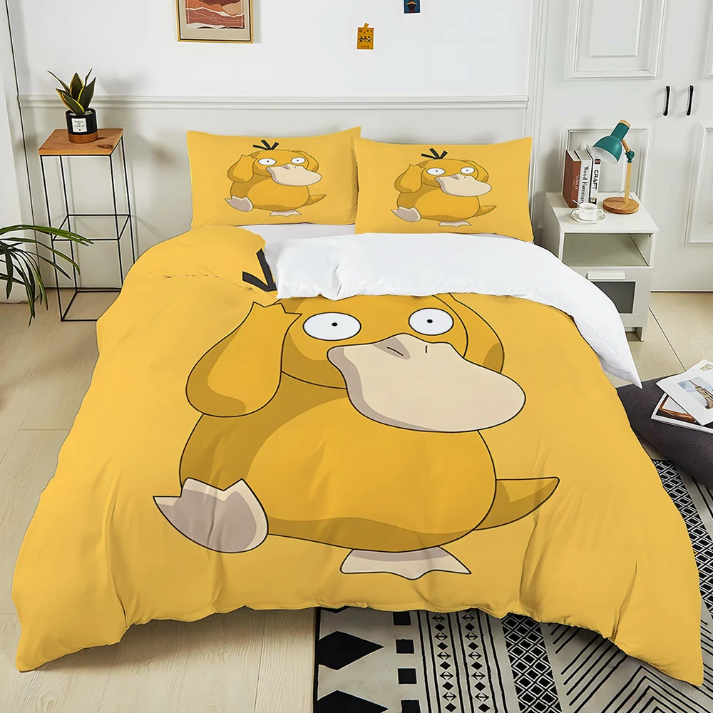 Ctue Pokémon Psyduck Printed Bedding Set 3PC 1 Duvet Cover 2 Pillowcases Adult and Children Warm Soft Bedding Set Luxury Gift