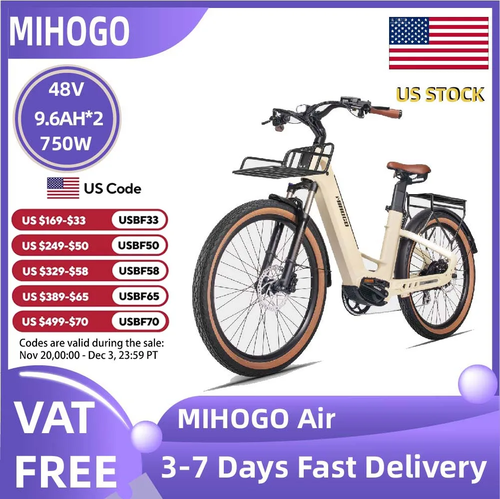 

MIHOGO Air 750 Carbon Fiber Frame 750W Adult Electric Bicycle City E-Bike 26" Inflatable Tire Ebike 48V 9.6AH*2