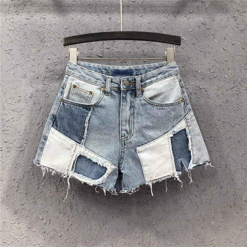 Short en jean patchwork pour femme, streetwear, taille haute, pantalon court, été, 2023