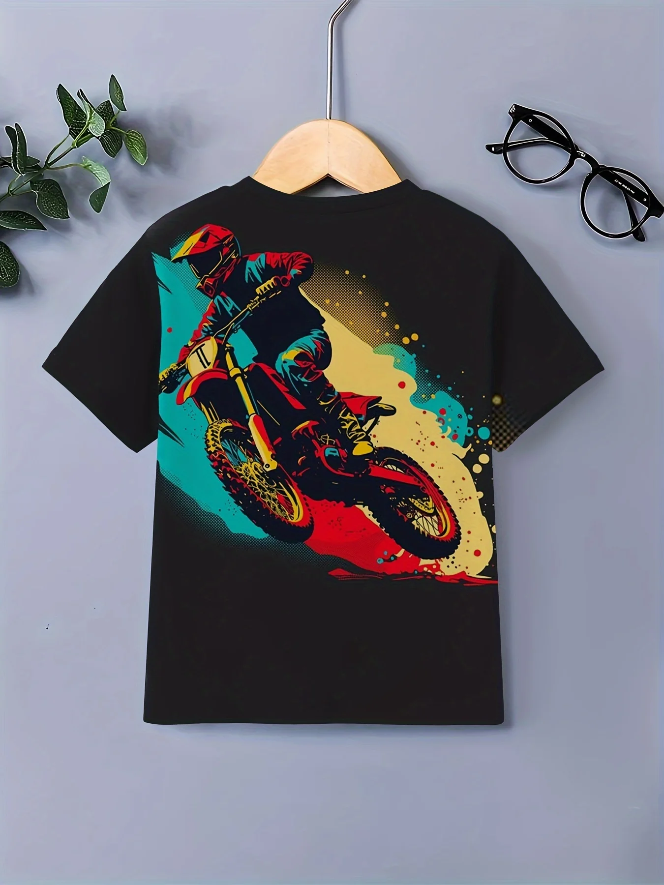 Moto Rider Graffiti Print Kids Fashion girocollo Casual t-shirt a maniche corte Daily Outdoor comodo Top