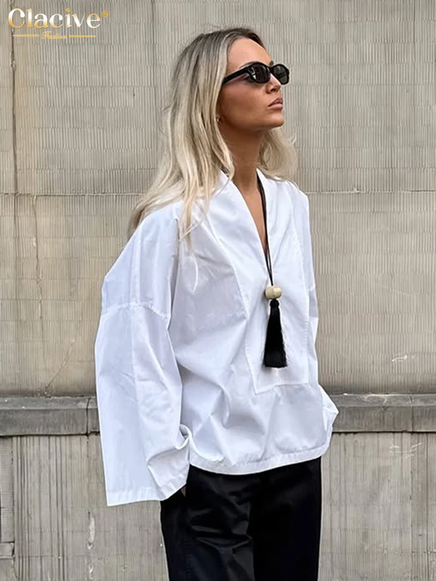 

Clacive Fashion Loose White Cotton Women's Shirt 2026 Casual V-Neck Long Sleeve Lady Shirts Elegant Classic Top Female Clothing