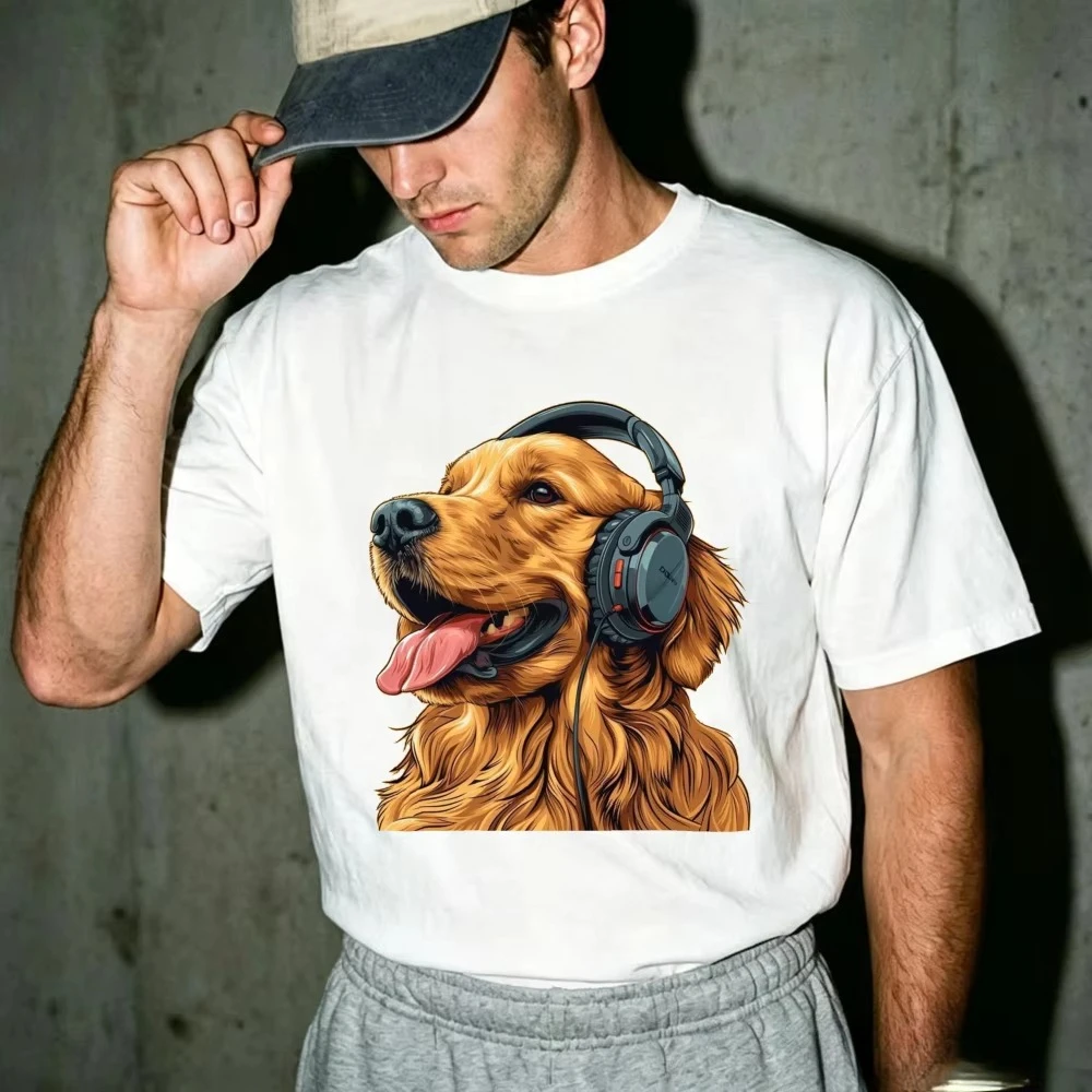 Golden Retriever Dog Wearing Headphones Graphic T Shirt Streetwear Tees Cool Animal Print Daily Holiday Gift For Dog Music Lover