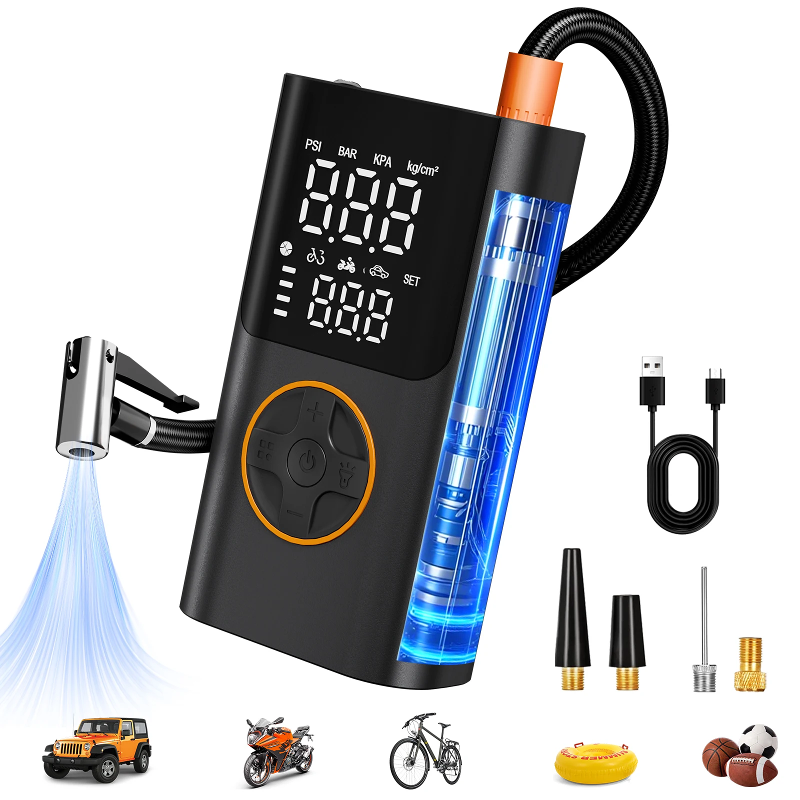

Portable Air Pump Set with Power Bank, 150PSI Tire Inflator Kit for Car SUV Motorcycle Bike, LED Light & Storage Bag for Camping