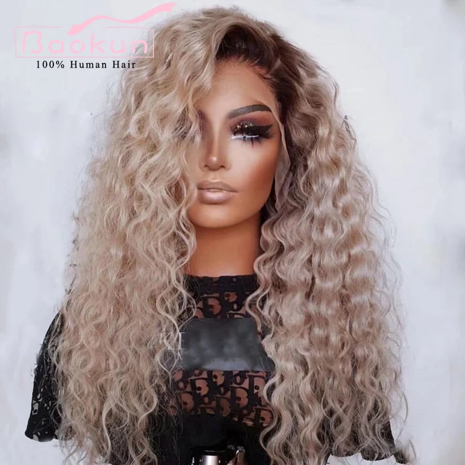 13x4 Ash Blonde Deep Wave Frontal Wig Pre Plucked Glueless Curly Lace Front Human Hair Wigs Transparent 13x6 HD Lace Frontal Wig