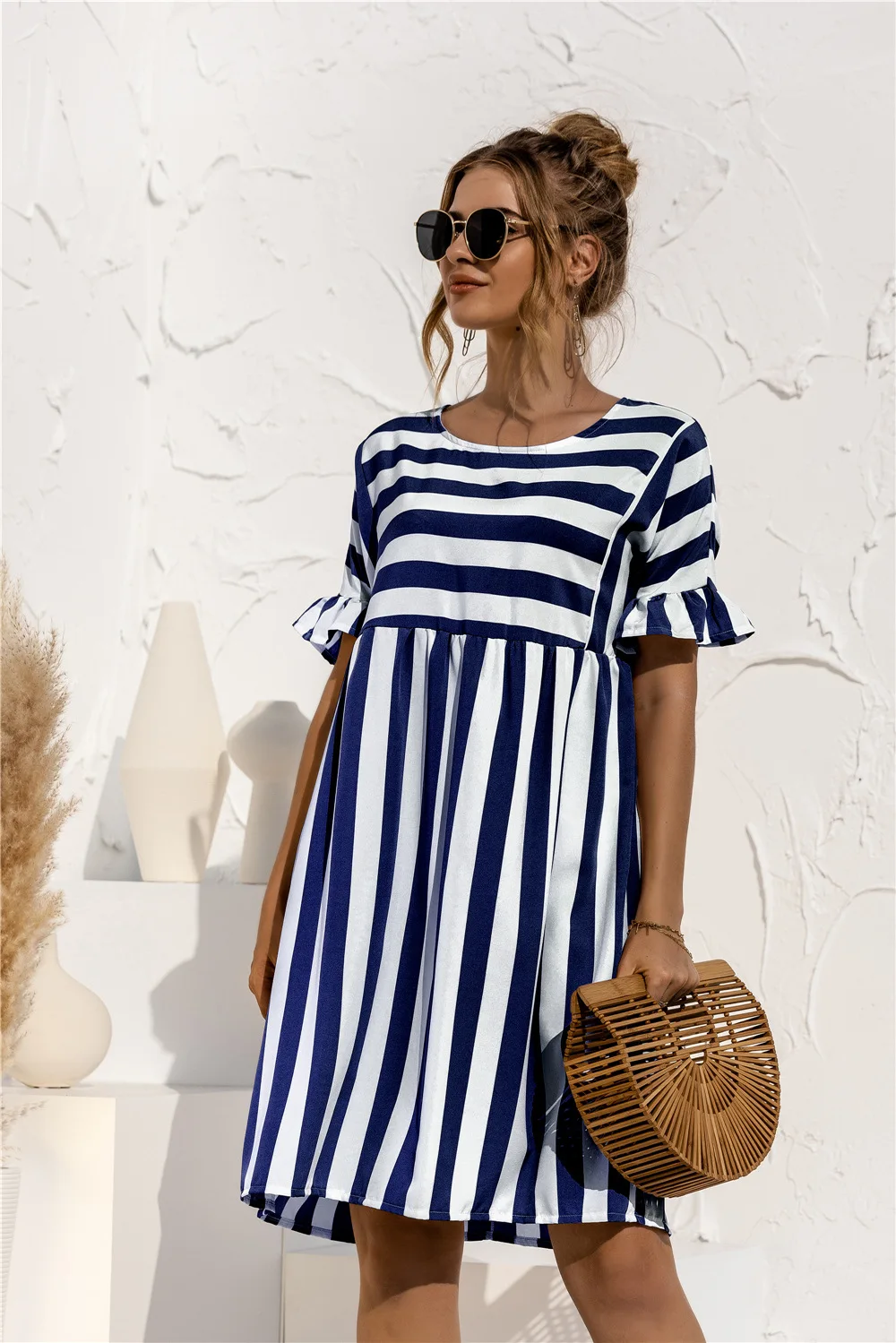 Fashionable Ruffled Short Sleeved Striped Patchwork Contrasting Pocket Loose Dress For Summer Women's Casual Round Neck Dress