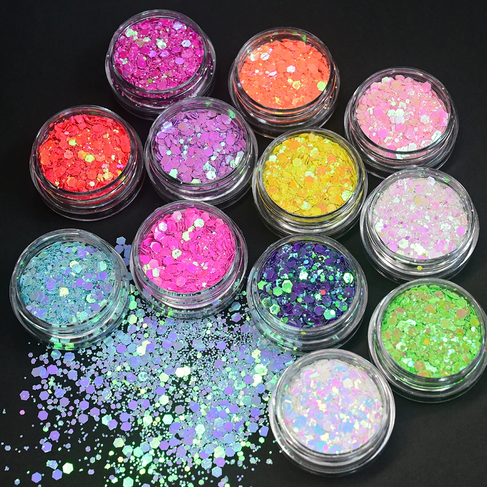 12 pçs iridescente arte do prego glitter lantejoulas mistura holográfica hexágono flocos grossos diygel polonês artesanato manicure decorações em pó
