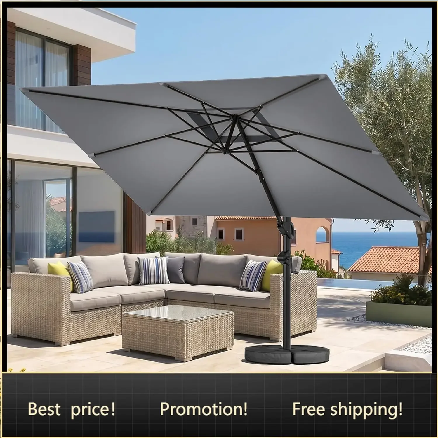 Brand new fast shippingBestseller9x12 FT Cantilever Patio Umbrella with Base Included, Grey | Large Square Offset Outdoor Umbrel