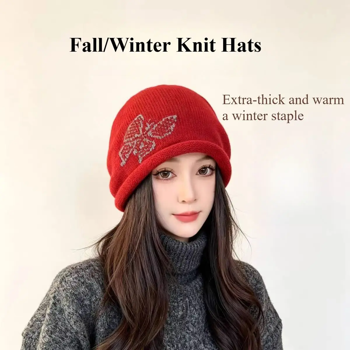 Women Drawstring Slouch Hat Winter Knit Look Butterfly Roll Brim Ear Warmer Slim Face Match All Cold Weather Cap