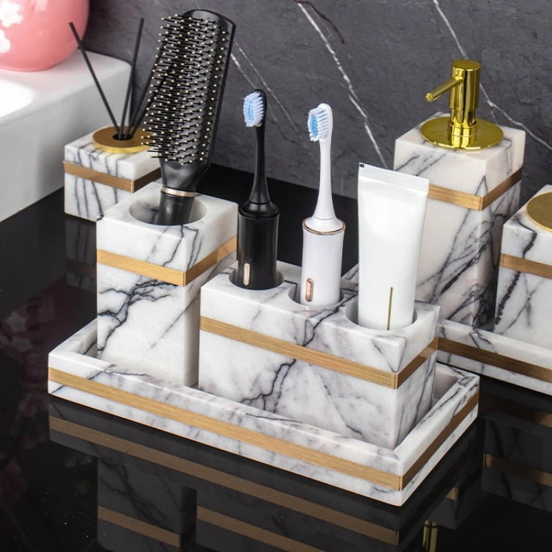 Natural Marble 9-piece Bathroom Set Home Hotel Wash Basin Tray Lotion Bottle Storage Freely Combinable and Matchable Decoration