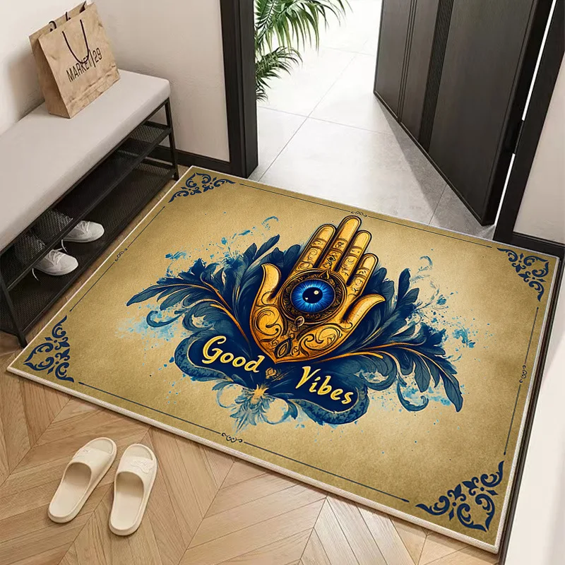 Vintage Bohemian 2D Embossed Hamsa Evil Eye Welcome Doormat Non Slip Absorbent Indoor Outdoor Entryway Decorative Floor Rug Mat