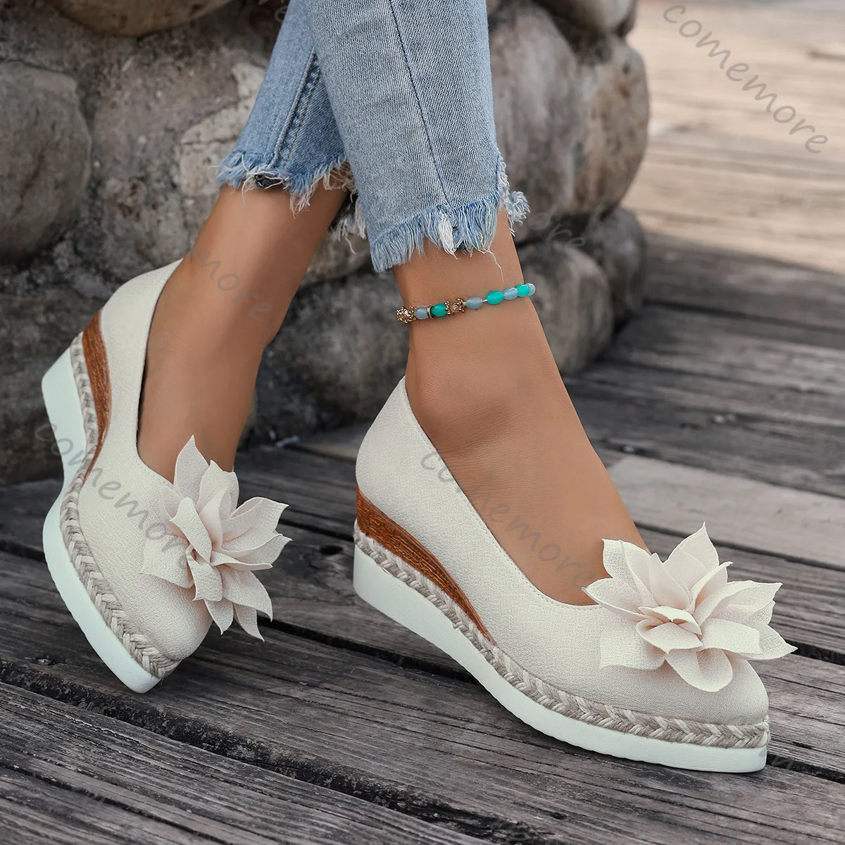 Comemore Flower-patterned Women Pumps Spring Summer Casual Wedge High Heels Slip on Loafers Flat Bottom Single Shoes for Women