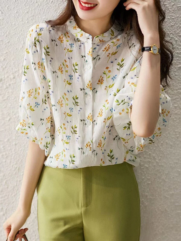 

Zoki Fashion Sweet Women Floral Blouse Japan Beach Elegant Puff Sleeve Top Casual O Neck Buttons Summer Female Casual Shirt New