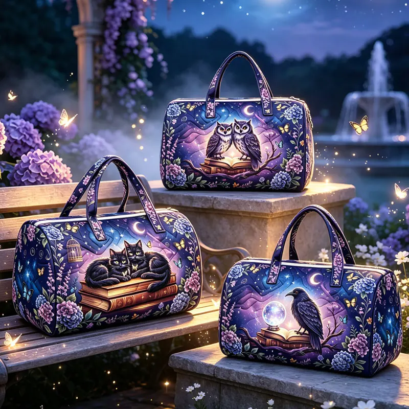 Witchy Quilted Duffle Bags Large Capacity Travel Bag Moon Star Floral Black Cat Owl Raven Handbag Gym Sports Luggage Tote