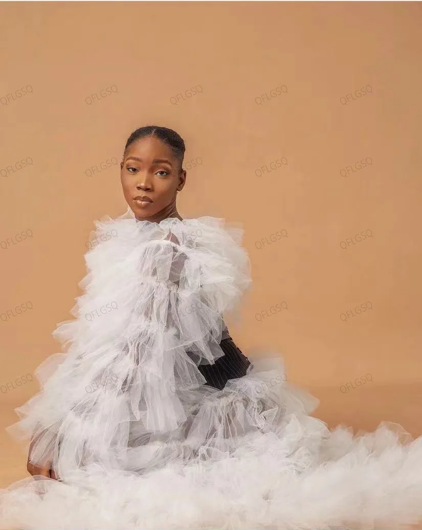 Vestido feminino em camadas brancas avançadas, vestido transparente de tule sem espartilho preto, vestido de festa exuberante com mangas