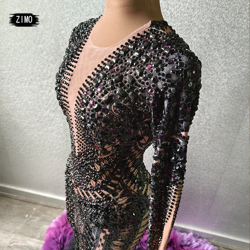 luxury Mermaid long dress rhinestones sexy black lace purple party birthday outfits Wedding Evening Celebrate drag queen costume