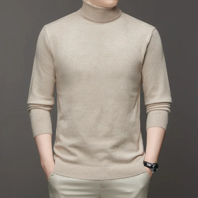 เสื้อสเวตเตอร์คอเต่าแขนยาวทรงเข้ารูปสำหรับผู้ชาย ผ้าถักคุณภาพสูง ไม่เป็นขุย สีพื้น เสื้อพูลโอเวอร์แฟชั่น เสื้อผ้าผู้ชายทันสมัย