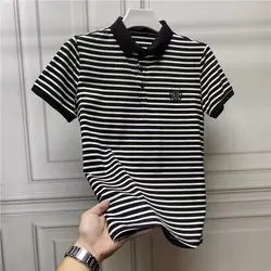 Camisas polo listradas de manga curta masculina, bordado com botões de lapela, tops casuais soltos, moda coreana, roupas de verão, novo, 2024