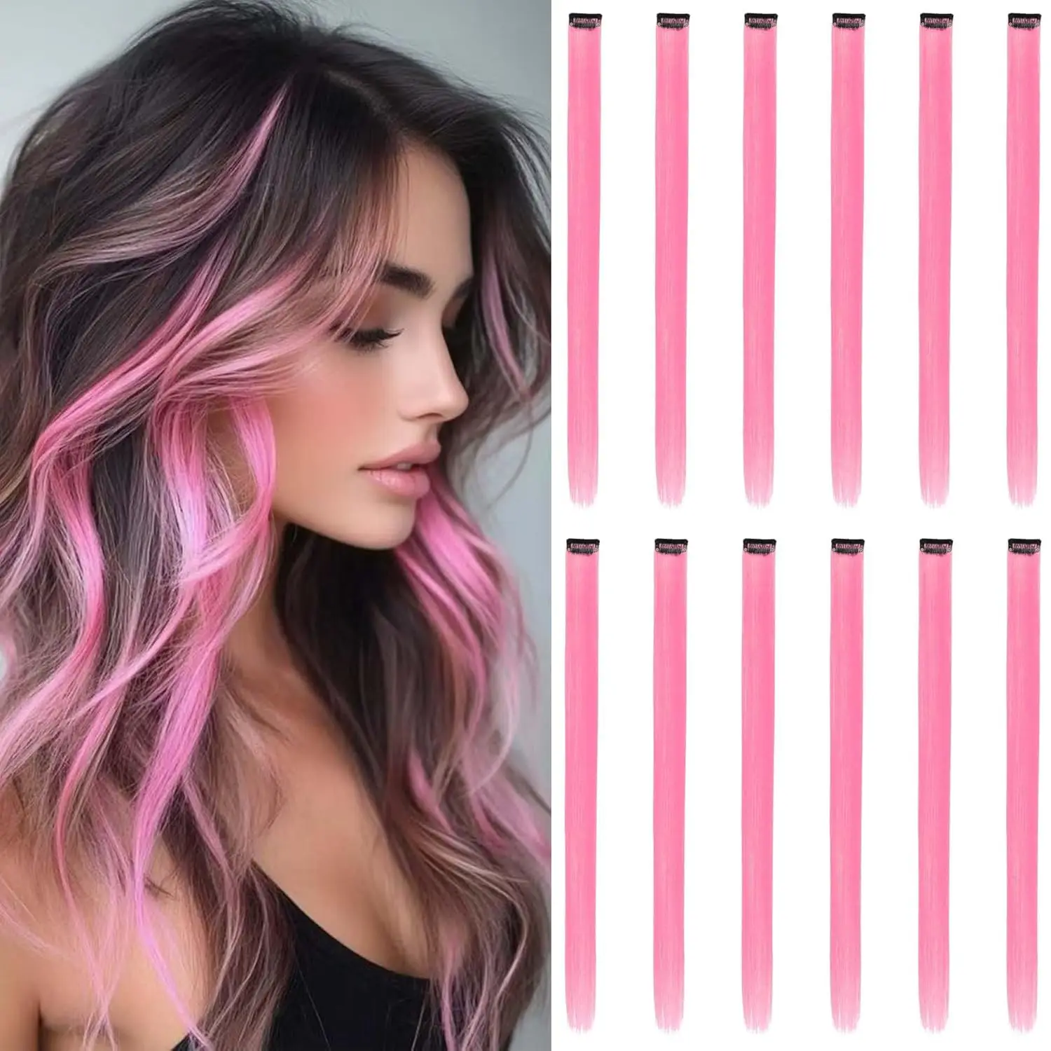 12 Stück/Packung Farbige Party-Highlights Clip-in Haarverlängerungen für Mädchen 22 Zoll Omber-Farben Glattes Haar Synthetische Haarteile – Detail 2