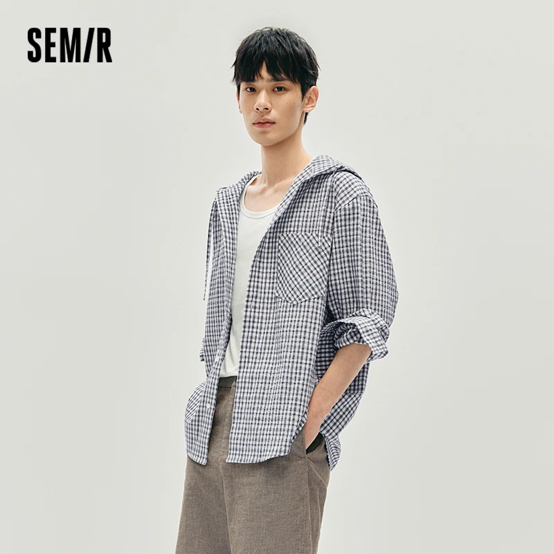 Semir قميص طويل الأكمام الرجال منقوشة ملابس خارجية خفيفة الوزن 2025 الخريف جديد مقنعين ملابس فضفاضة كلاسيكية متعددة الاستخدامات للرجال
