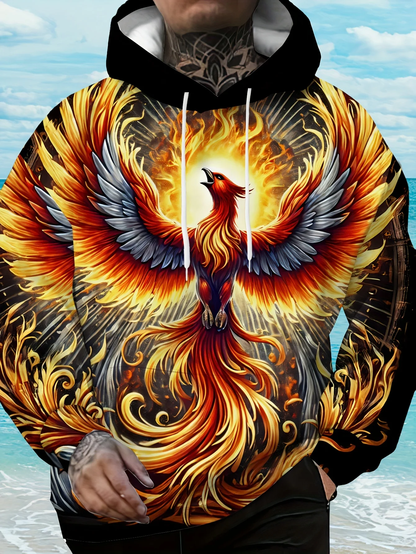 Men'S Plus Size Hoodie Long Sleeve Pullover Back Phoenix Fire Design for Casual Streetwear Hoodie Men Women's Hoodie Kids Hoodie