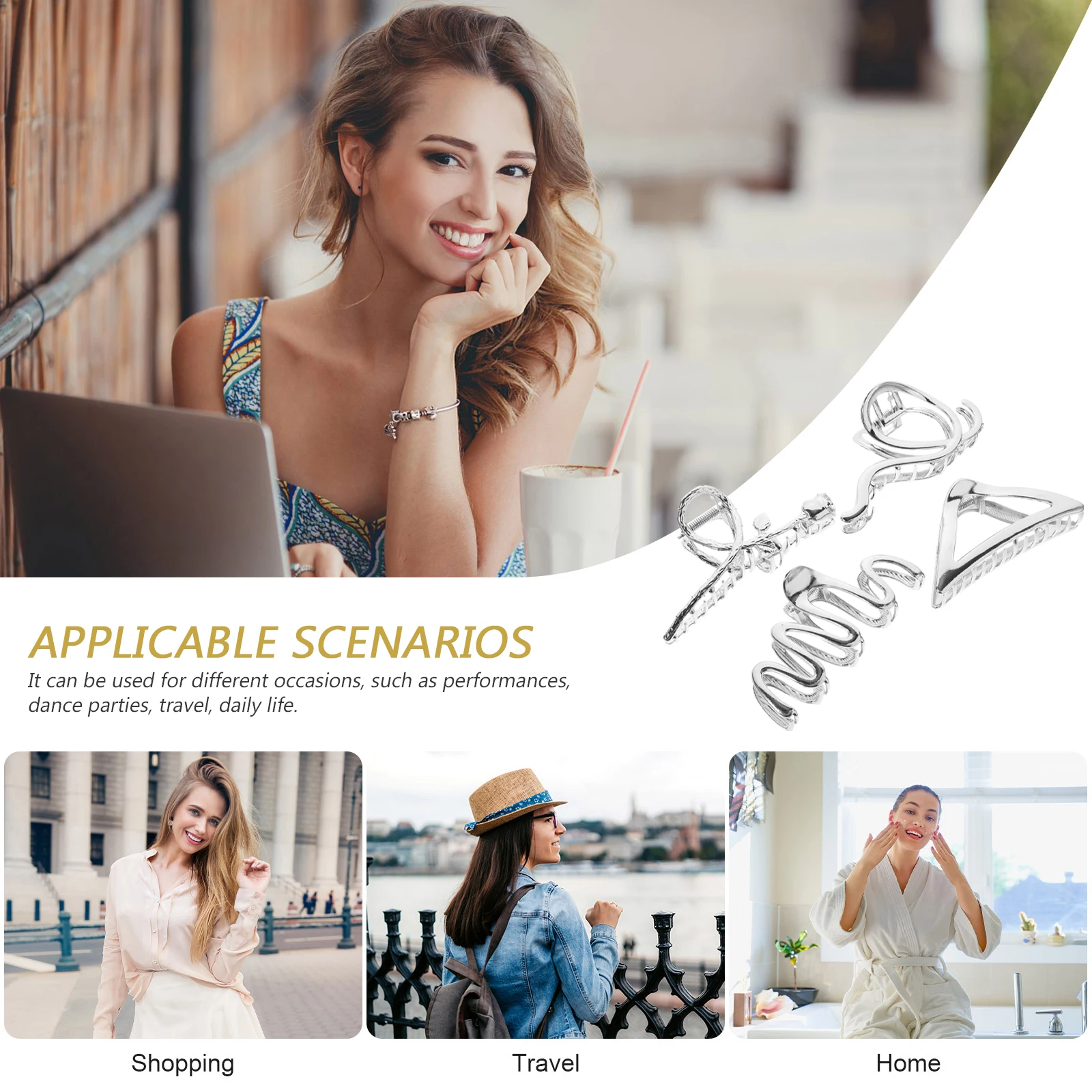 

4pcs Large Shark Hair Clips Silver Metal Claw Clips for Women Dense Long Hair Durable Fashion Accessories Office Outfits Travel