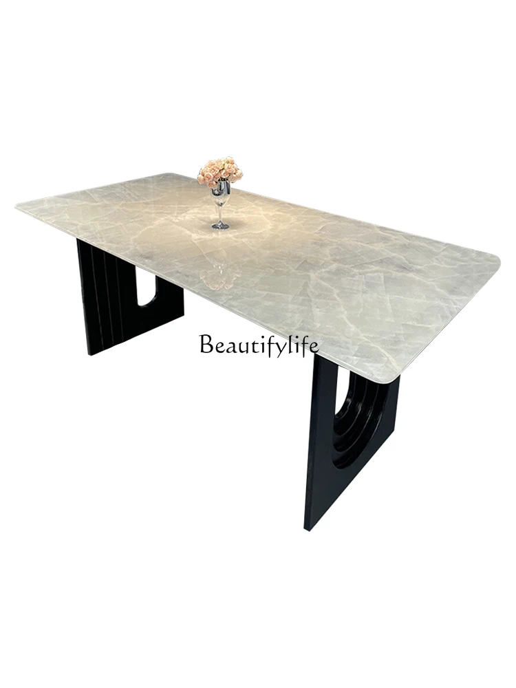 

White ice jade marble dining table light luxury stone dining table modern simple rectangle