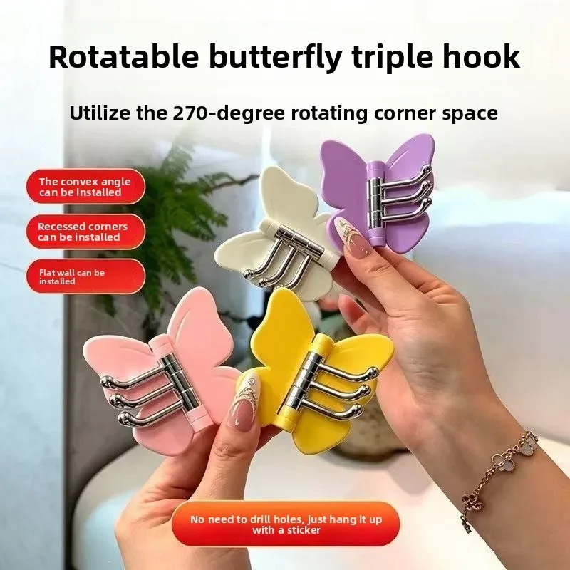 Multi-functional Rotatable Butterfly Triple Hook No-drill, Strong Load-bearing Household, Bathroom Kitchen Storage Adhesive Hook