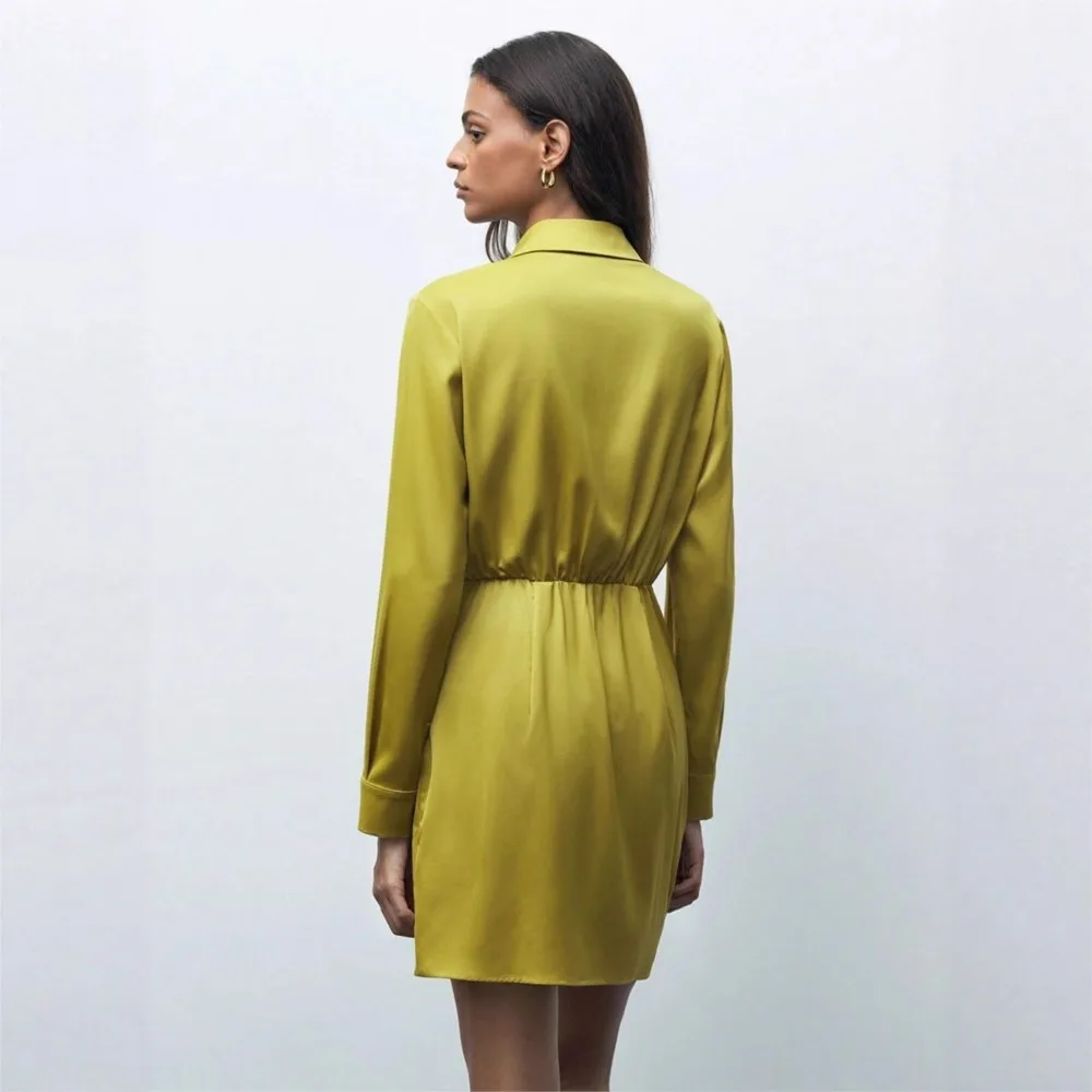 Spring Autumn New Satin Women's Long Sleeve Dress Fashion Pleated Elegant Female High Waist Dresses Short Skirt 2025