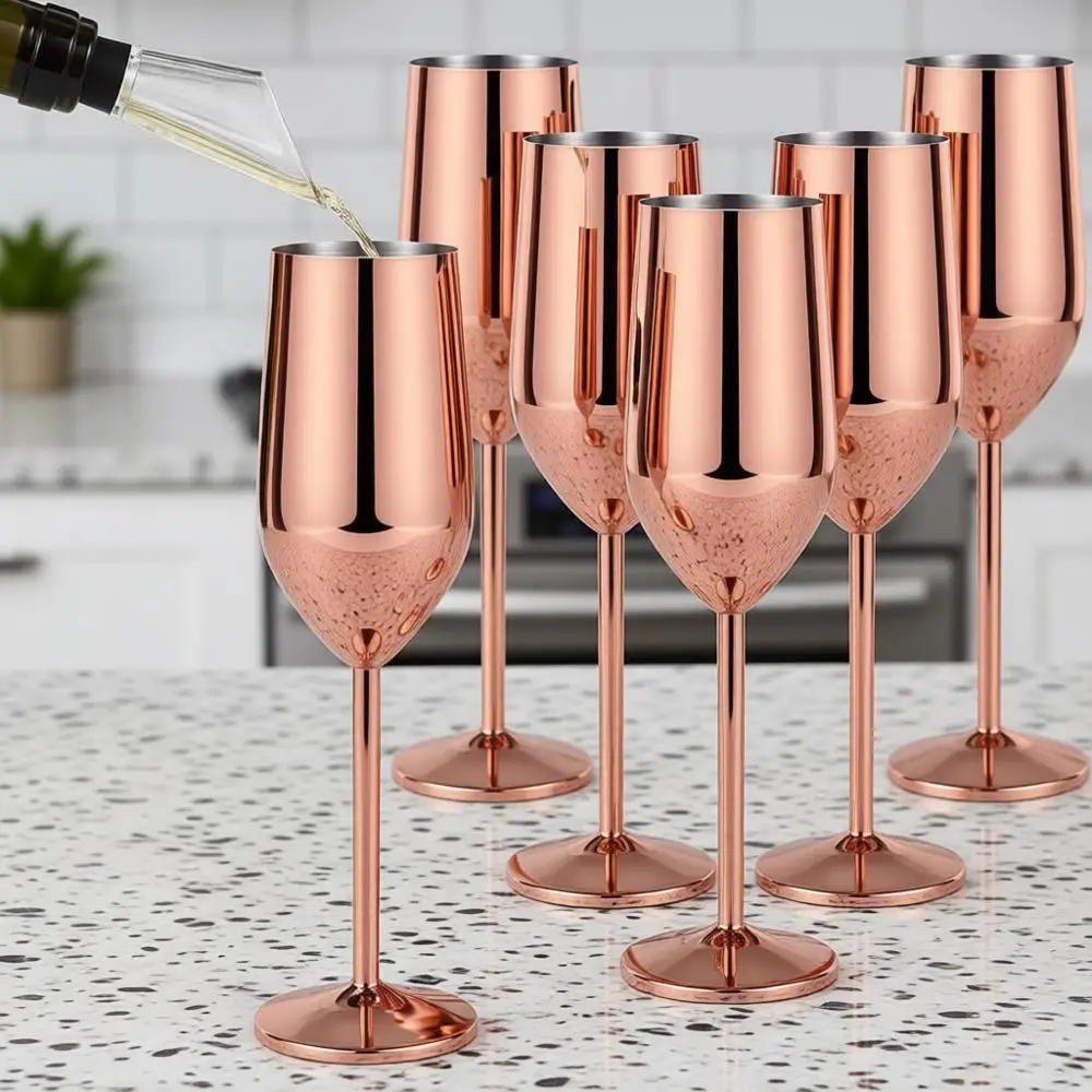

6 Pack Stainless Steel Champagne Glasses, 8oz Elegant Stemmed Unbreakable Champagne Glasses for Party Wedding Christmas Annivers