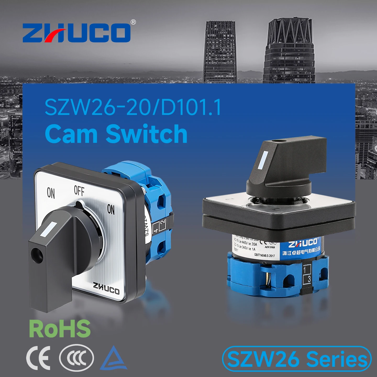 Zhuco 2/3 Position Selector Switch 20A 690V, 4-Terminal Universal Rotary Cam Selector with Locking Switch, Suitable for Distribution Cabinets, Machine Tools, Industrial Panels (Szw26-20/D101.1, on Off On, on Off, on on)
