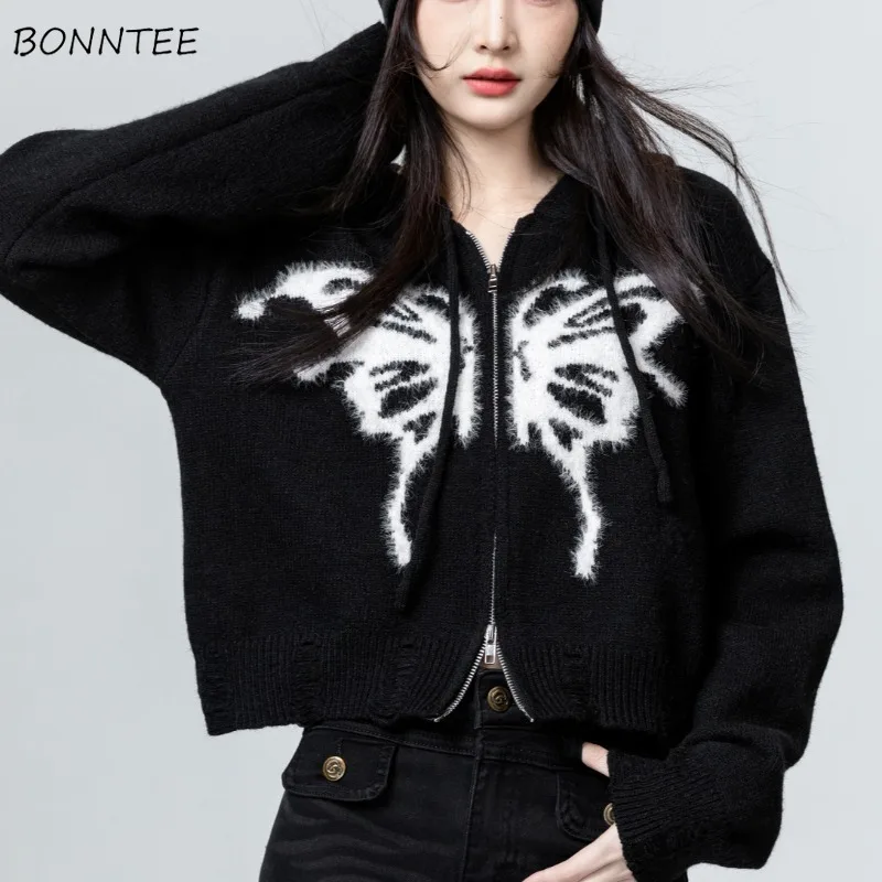 

Hooded Knitted Cardigan for Women Lazy Style Retro Sweater Loose Fit Cropped Outwear Casual Comfortable All-match Hotsweet Coats