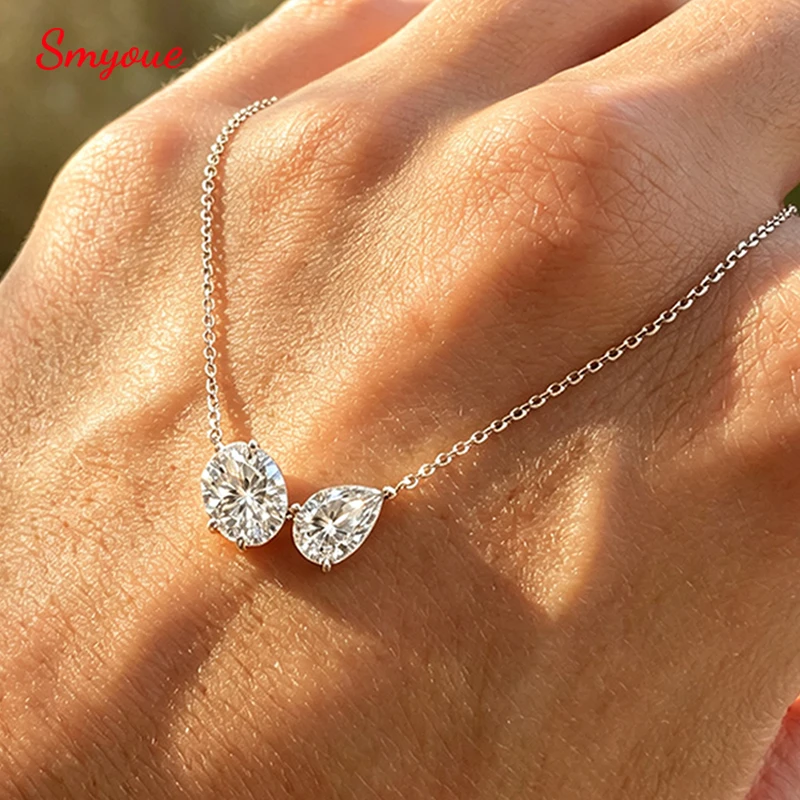 Smyoue Oval Cut Pear Cut All Moissanite Necklace for Women 2 Gems Classic Wedding Jewelry Bridal Real Pure S925 Silver Chain