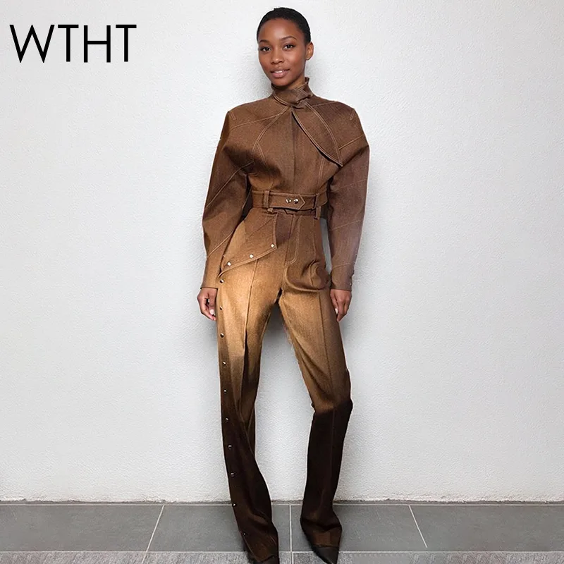 

WTHT New Trendy Women's Suits Patchwork Do Old Stand Collar Jacket High Waist Straight Pants Female 2025 Autumn 1LS2601