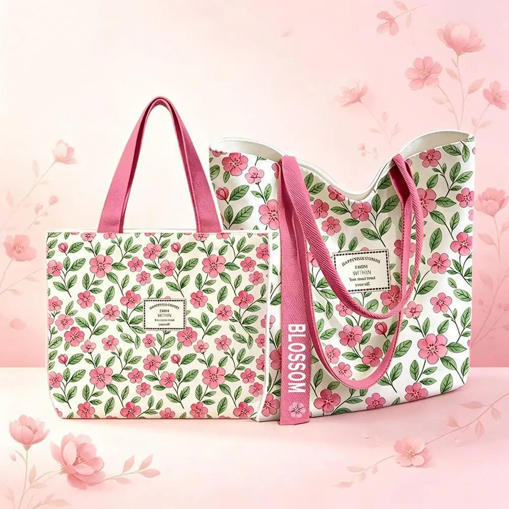 Large Capacity Canvas Tote Bags for Work Commuting Carrying Bag Floral Print Student Outfit Book Shoulder Bag Shopping Bag