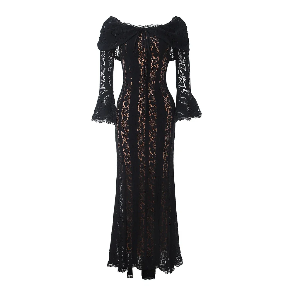 Oligai Winter Lace Long Sleeve Evening Party Dresses Women 2025 Black Sexy Elegant Maxi Dress Fashion Long Wedding Guest Dress